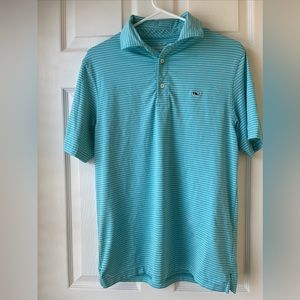 Vineyard Vines Mens Performance Polo Size Small Aqua Blue & White Striped.